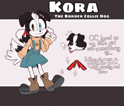 Size: 2048x1753 | Tagged: safe, artist:kobitachuart, oc, oc:kora the border collie dog, dog, abstract background, boots, border collie, dress, english text, heart, heterochromia, looking at viewer, oc only, smile, solo, standing