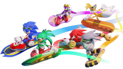 Size: 1920x1080 | Tagged: safe, artist:sonicridersrevo, jet the hawk, knuckles the echidna, miles "tails" prower, sonic the hedgehog, storm the albatross, wave the swallow, 3d, babylon rogues, extreme gear, group, mid-air, simple background, sonic riders x (fanproject), team sonic, transparent background