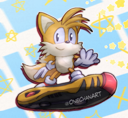 Size: 765x708 | Tagged: safe, artist:onechanart, miles "tails" prower, abstract background, classic tails, extreme gear, looking offscreen, smile, solo, sonic riders, star (symbol)