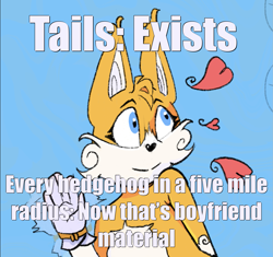 Size: 1647x1545 | Tagged: safe, artist:hotpocketmamaa, miles "tails" prower, blue background, english text, eyelashes, heart, heart nose, looking offscreen, male, meme, simple background, smile, solo, standing