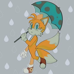Size: 1280x1280 | Tagged: safe, artist:s1llycilantro, miles "tails" prower, abstract background, blushing, eyelashes, holding something, looking at viewer, mouth open, solo, trans female, transgender, umbrella, walking