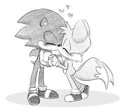 Size: 1197x1059 | Tagged: safe, artist:lemonpickl, miles "tails" prower, sonic the hedgehog, blushing, duo, eyes closed, gay, greyscale, heart, holding hands, kiss, shipping, simple background, sonic x tails, standing, white background