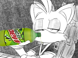 Size: 800x600 | Tagged: safe, artist:lemonpickl, miles "tails" prower, nine, sonic prime, abstract background, bottle, drinking, greyscale, lidded eyes, monochrome, mountain dew, one eye closed, sitting, solo, standing