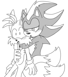 Size: 1129x1280 | Tagged: safe, artist:sontails-bar, miles "tails" prower, shadow the hedgehog, blushing, duo, gay, hugging from behind, lidded eyes, monochrome, mouth open, shadails, shipping, simple background, standing, surprised, white background