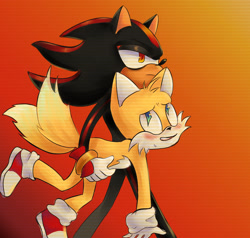 Size: 2000x1900 | Tagged: safe, artist:guminaxy, miles "tails" prower, shadow the hedgehog, blushing, carrying them, duo, frown, gay, gradient background, lidded eyes, looking offscreen, redraw, shadails, shipping, sweatdrop, walking