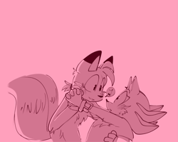 Size: 1899x1515 | Tagged: safe, artist:konicunai, miles "tails" prower, shadow the hedgehog, blushing, dancing, duo, gay, holding each other, looking at each other, monochrome, musical notes, older, pink, pink background, shadails, shipping, simple background, sweatdrop