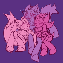 Size: 2048x2048 | Tagged: safe, artist:iam-allofme, infinite the jackal, miles "tails" prower, shadow the hedgehog, blushing, eyes closed, gay, heart, hugging, polyamory, purple background, shadails, shadfinitails, shadfinite, shipping, simple background, sketch, smile, tailfinite, trio