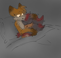Size: 2045x1930 | Tagged: safe, artist:konicunai, miles "tails" prower, shadow the hedgehog, abstract background, bed, colored ears, duo, eyes closed, gay, looking at them, lying down, older, pillow, shadails, shipping, sitting, sleeping, smile, snuggling, yellow sclera