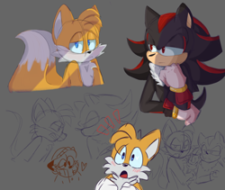 Size: 2048x1728 | Tagged: safe, artist:konicunai, miles "tails" prower, shadow the hedgehog, blushing, bust, frown, gay, grey background, head rest, heart, lidded eyes, mouth open, shadails, shipping, simple background, sketch, solo