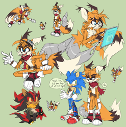 Size: 2048x2069 | Tagged: safe, artist:shadails, miles "tails" prower, shadow the hedgehog, sonic the hedgehog, alternate universe, dialogue, english text, flying, frown, green background, hologram screen, older, prosthetic, scar, scarf, simple background, sitting, standing, trio