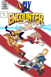 Size: 803x1200 | Tagged: safe, artist:gameboysage, artist:huevosrevueltos, bunnie rabbot, lara-su, angry, boots, carmelita fox, cover art, fight, fishnets, flying, goggles, mobianified, running, sly cooper, smile