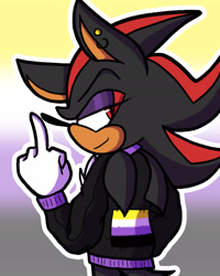 Size: 1638x2048 | Tagged: safe, artist:feeble-minded-little-gay, shadow the hedgehog, ear piercing, earring, eyeshadow, gradient background, jacket, lidded eyes, looking back, middle finger, nonbinary, nonbinary pride, outline, pride flag background, smile, smug, solo, standing