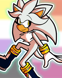 Size: 1638x2048 | Tagged: safe, artist:feeble-minded-little-gay, silver the hedgehog, flying, gradient background, lesbian, lesbian pride, looking offscreen, nonbinary, nonbinary pride, outline, pride, pride flag background, psychokinesis, smile, solo