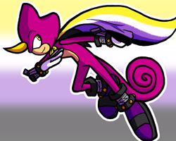 Size: 2048x1638 | Tagged: safe, artist:feeble-minded-little-gay, espio the chameleon, cape, gradient background, looking back, mid-air, nonbinary, nonbinary pride, outline, pride flag background, smile, solo