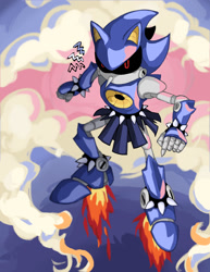Size: 1078x1399 | Tagged: safe, artist:t4tails, metal sonic, abstract background, black sclera, clouds, flame, flying, skirt, solo, spiked belt, spiked bracelet, trans female, transgender