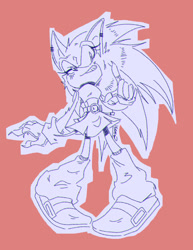 Size: 1177x1526 | Tagged: safe, artist:cosmic_fall, sonic the hedgehog, claws, fingerless gloves, looking offscreen, red background, simple background, smile, solo, standing, trans female, transgender, wink