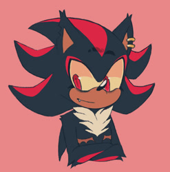 Size: 1094x1106 | Tagged: safe, artist:endlessapis, shadow the hedgehog, arm fluff, arms folded, bust, ear fluff, earring, looking offscreen, male, one fang, red background, simple background, smile, solo, top surgery scars, trans male, transgender