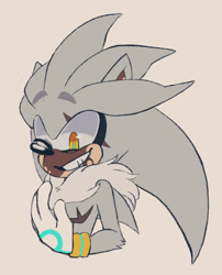 Size: 1069x1325 | Tagged: safe, artist:endlessapis, silver the hedgehog, arm fluff, beige background, bust, clenched teeth, hand on own chest, looking down, neck fluff, simple background, smile, solo, standing, top surgery scars, trans male, transgender