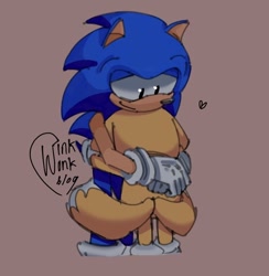Size: 698x714 | Tagged: safe, artist:winkwonkblog, miles "tails" prower, sonic the hedgehog, beige background, duo, floppy ears, heart, hugging, looking at them, signature, simple background, smile, standing, trans male, transgender