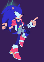 Size: 2048x2897 | Tagged: safe, artist:12neonlit-stage, sonic the hedgehog, sonic adventure 2, binder, choker, earring, looking offscreen, male, painted fingernails, pointing, purple background, shorts, simple background, smile, soap shoes, solo, standing, trans male, transgender