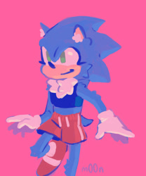 Size: 1733x2080 | Tagged: safe, artist:m00n-art, sonic the hedgehog, arm fluff, chest fluff, crop top, ear fluff, eyelashes, female, leg fluff, looking offscreen, pink background, shorts, signature, simple background, smile, solo, standing on one leg, trans female, transgender