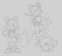 Size: 1301x1167 | Tagged: safe, artist:bl00doodle, miles "tails" prower, annoyed, cross popping vein, cute, female, grey background, looking at viewer, looking offscreen, overalls, simple background, sketch, smile, solo, tailabetes, trans female, transgender