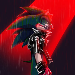 Size: 1638x1632 | Tagged: safe, artist:shitolodise, scourge the hedgehog, abstract background, lidded eyes, looking at viewer, male, outdoors, rain, shine, solo, spotlight, standing, trans male, transgender