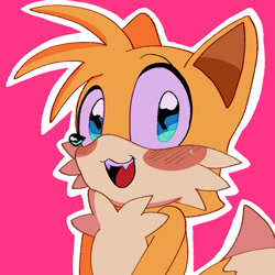 Size: 900x900 | Tagged: safe, artist:mushtoons, miles "tails" prower, blushing, cute, fangs, looking at viewer, mouth open, outline, pink background, simple background, smile, solo, standing, tailabetes