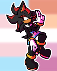 Size: 1638x2048 | Tagged: safe, artist:feeble-minded-little-gay, shadow the hedgehog, boots, chain, ear piercing, earring, eyeshadow, female, frown, goth, goth shadow, gradient background, lesbian, lidded eyes, looking offscreen, outline, pride flag, skirt, solo, trans female, transgender
