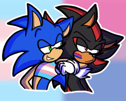 Size: 2048x1638 | Tagged: safe, artist:feeble-minded-little-gay, shadow the hedgehog, sonic the hedgehog, arm around shoulders, binder, bisexual, bisexual pride, bust, duo, facepaint, gay, gradient background, lidded eyes, outline, pride flag background, shadow x sonic, shipping, smile, trans male, trans pride, transgender