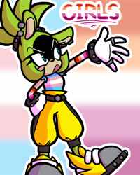 Size: 2048x2560 | Tagged: safe, artist:feeble-minded-little-gay, surge the tenrec, english text, gradient background, lesbian, lesbian pride, looking offscreen, mouth open, outline, pride, pride flag background, reaching out, solo, standing, trans female, trans pride, transgender