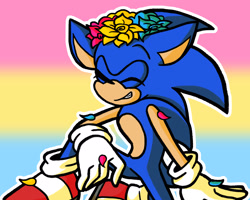 Size: 2048x1638 | Tagged: safe, artist:feeble-minded-little-gay, sonic the hedgehog, eyes closed, flower crown, gradient background, male, outline, pansexual, pansexual pride, petals, pride flag background, sitting, smile, solo