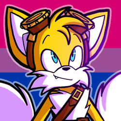 Size: 1080x1080 | Tagged: safe, artist:feeble-minded-little-gay, miles "tails" prower, belt, bisexual, bisexual pride, goggles, goggles on head, looking up, male, one fang, outline, pride flag background, smile, solo, sonic boom (tv), standing