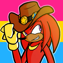 Size: 1080x1080 | Tagged: safe, artist:feeble-minded-little-gay, knuckles the echidna, clenched teeth, hat, looking offscreen, male, outline, pansexual, pansexual pride, smile, solo, standing