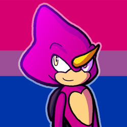 Size: 1080x1080 | Tagged: safe, artist:feeble-minded-little-gay, espio the chameleon, bisexual, bisexual pride, looking offscreen, male, outline, pride flag background, smile, solo, standing