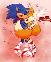 Size: 1475x1792 | Tagged: safe, artist:hillvalleycat, miles "tails" prower, sonic the hedgehog, 2016, abstract background, duo, eyes closed, gay, male, males only, mouth open, shipping, sleeping, snuggling, sonic boom (tv), sonic x tails, zzz