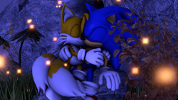 Size: 1920x1080 | Tagged: safe, artist:shadamyfan4evers, miles "tails" prower, sonic the hedgehog, 2016, 3d, abstract background, duo, eyes closed, firefly, gay, males only, nighttime, outdoors, sfm, shipping, sitting, snuggling, sonic x tails