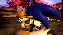 Size: 1920x1080 | Tagged: safe, artist:shadamyfan4evers, miles "tails" prower, sonic the hedgehog, 2015, 3d, abstract background, daytime, duo, eyes closed, gay, hugging, male, males only, outdoors, sfm, shipping, smile, sonic x tails, standing, tree