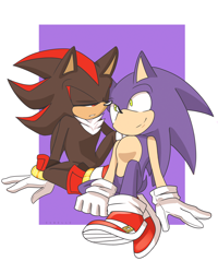 Size: 2480x3097 | Tagged: safe, artist:esbelle, shadow the hedgehog, sonic the hedgehog, 2019, abstract background, duo, gay, lidded eyes, looking at each other, male, males only, shadow x sonic, shipping, sitting, smile