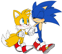 Size: 1209x1046 | Tagged: safe, artist:blueblurapple, miles "tails" prower, sonic the hedgehog, 2016, clenched fist, duo, eyes closed, gay, hand behind head, holding hands, looking at them, male, males only, shipping, signature, simple background, smile, sonic x tails, transparent background, walking