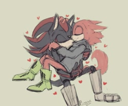 Size: 1200x1000 | Tagged: safe, artist:pirog-art, gadget the wolf, shadow the hedgehog, 2018, carrying them, duo, eyes closed, gay, gloves off, grey background, heart, holding each other, male, males only, shadget, shipping, signature, simple background, smile