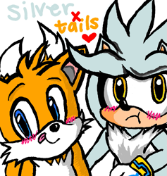 Size: 697x736 | Tagged: safe, artist:dulcinearenee, miles "tails" prower, silver the hedgehog, 2012, blushing, chibi, duo, english text, gay, heart, licking lips, looking at viewer, looking offscreen, male, males only, ms paint, shipping, silvails, simple background, standing, tongue out, white background