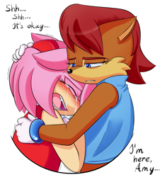 Size: 1136x1241 | Tagged: safe, artist:fire-for-battle, amy rose, sally acorn, blushing, clenched teeth, comforting, crying, dialogue, duo, english text, eyes closed, floppy ears, frown, holding them, lesbian, lidded eyes, mouth open, sad, sallamy, shipping, simple background, tears, tears of sadness, white background