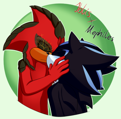 Size: 1312x1288 | Tagged: safe, artist:fire-for-battle, iblis, mephiles the dark, abstract background, blushing, character name, duo, english text, frown, gay, holding each other, male, males only, mephiblis, mobianified, outline, shipping, standing