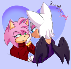 Size: 1300x1247 | Tagged: safe, artist:fire-for-battle, amy rose, rouge the bat, abstract background, blushing, character name, duo, english text, female, females only, head rest, heart, jumper, lesbian, lidded eyes, looking at each other, rougamy, shipping, smile