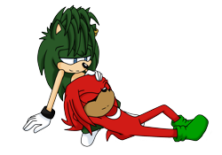 Size: 1715x1203 | Tagged: safe, artist:beniaranas, knuckles the echidna, manik the hedgehog, 2015, duo, hand on another's head, knuxanik, lidded eyes, looking at them, lying on them, male, males only, simple background, sitting, smile, transparent background