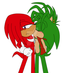 Size: 900x1013 | Tagged: safe, artist:beniaranas, knuckles the echidna, manik the hedgehog, 2015, deviantart watermark, duo, eyes closed, frown, gay, hands behind back, kiss on cheek, knuxanik, lidded eyes, looking at viewer, male, males only, shipping, simple background, standing, transparent background