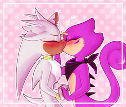 Size: 1600x1360 | Tagged: safe, artist:puffinpermuffin, espio the chameleon, silver the hedgehog, 2020, abstract background, bandana, blushing, chest fluff, chipped ear, duo, eyes closed, gay, holding hands, kiss, male, males only, outline, shipping, signature, silvio, standing