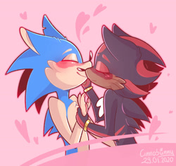 Size: 1600x1506 | Tagged: safe, artist:puffinpermuffin, shadow the hedgehog, sonic the hedgehog, 2020, abstract background, blushing, cheek fluff, chest fluff, duo, gay, heart, holding them, male, males only, nuzzle, shadow x sonic, shipping, standing, whiskers