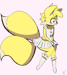 Size: 2385x2659 | Tagged: safe, artist:honowyn, miles "tails" prower, 2017, blushing, crossdressing, dress, eyelashes, femboy, gloves, male, simple background, socks, solo
